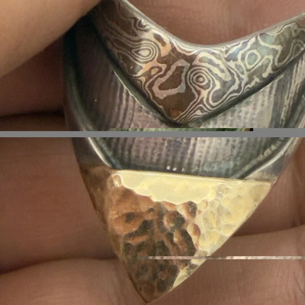 Vtg Custom Made Sterling Damascus Steel Ring Solid 14k Gold Inlay Hammered Read